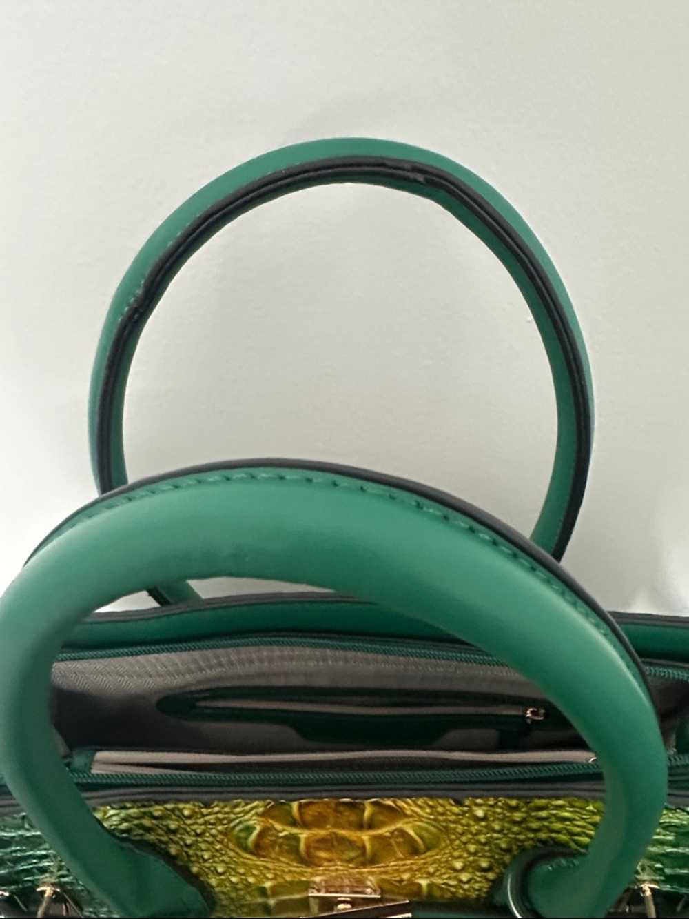 Green & Yellow Croc-Embossed Satchel with Detachable Strap - Picture 7 of 13